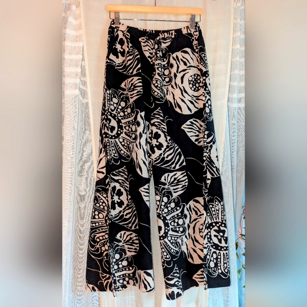Linen Blend Christian Siriano Black Cream Floral  Resort Pants Designer XS alter